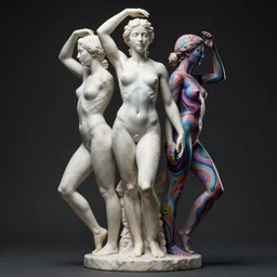 sculpture statue of Chloe Moretz by Jean-Baptiste Carpeaux and Luo Li Rong and Michael James Talbot, all body, standing athletic pose, perfect symmetrical face, psychedelic, bodypaint, colored, white marble, in full growth, elegant, realistic, 8K, female full-skin figure, hyperrealism, subsurface scattering, raytracing, rim light, Octane Render, Redshift, Zbrush