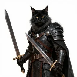 Khajit Tabaxi Catfolk Humanoid with Maine Coon features and black fur holding two shortswords cloaked in shadow and wearing leather armor, Dungeons and Dragons, pure white background, Fantasy, Tarot card style, Half Body Portrait, High detail, hyper realistic