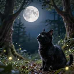 a stunning ultra detailed fantasy fine art photo of a black cute kitten looking at a full moon in a sinuous forest with fireflies, by tomasz alen kopera and wlop, night, very detailed, shallow depth of field, 8 5 mm lens, soft lighting, artstation, highly coherent, 8 k