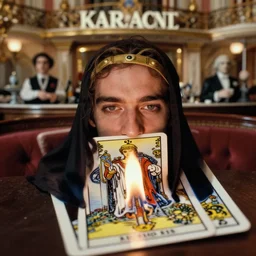 cinestill 5 0 d, 8 k ; esoteric ultra realistic major arcana in ronin ( 1 9 9 0 ) film still negresco cafe scene in frontiers of macro porcelain photography magazine june closeup 3 / 4 portrait edition, hyperrealistic real - life burning tarot card porcelain occult dj pilot, eye contact, tilt shift wide shot scene background