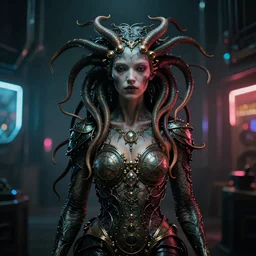 Cyberpunk medusa, dark atmosphere, cinematic shot, intricate, ornate, photorealistic, ultra detailed, realistic, 35mm, photography, neon, octane, high definition, depth of field, bokeh, 8k, artstation, ((alphonse mucha)), hr giger