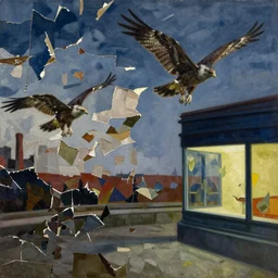 lonely night hawks, painting by shaun tan, detailed, intricate, torn paper decollage, octane renderer, oil on canvas by edward hopper, ( by mattias adolfsson ), by moebius