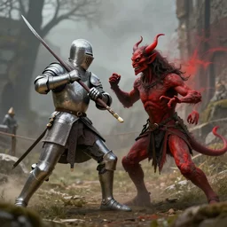 15th century medieval knight fighting against a red demon, 4K