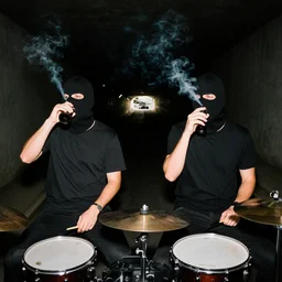 two thugs smoking and drinking in a long dark tunnel wearing balaclavas, drum & bass, flash photography