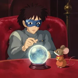 an automata fortune teller wearing a mask telling a fortune to a mouse in a red velvet lounge with a crystal ball, anime film still from Studio Ghibli movie with art direction by Zdzisław Beksiński, wide lens