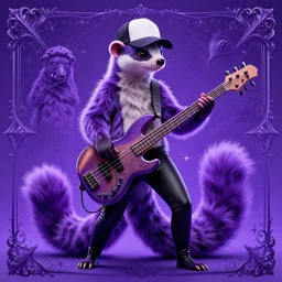 digital art of a weasel playing bass guitar, wearing a trucker hat and black skinny trousers by sandra chevrier and greg rutkowski and wlop, purple blue color scheme, high key lighting, volumetric light, digital art, highly detailed, fine detail, intricate, ornate, complex, octane render, unreal engine, photorealistic