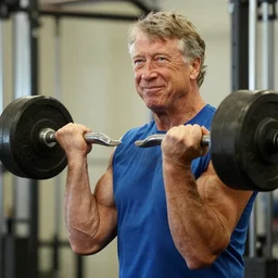 musxular bill gates pumping iron, photo mid shot