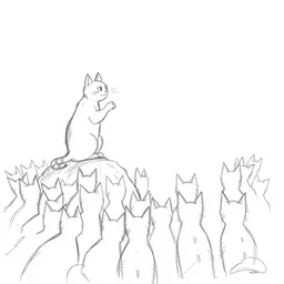 a storyboard pencil sketch of a cat speaking to a crowd of cats on top of a rock, rough sketch with erased lines, trending on artstation, detailed, anime