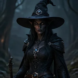 a female dark elf, black skin, serious face, wearing a witch hat, hunter, medieval, style by donato giancola, wayne reynolds, jeff easley dramatic light, high detail, cinematic lighting, artstation, dungeons and dragons