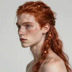 portrait of a thin young man with long red hair, ponytail, a lot of freckles on his face, big scars, an earring, intricate, elegant, glowing lights, highly detailed, digital painting, artstation, concept art, smooth, sharp focus, illustration