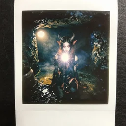strange and evil daemon - girl in an underground sewer with toxic waste, 1 9 5 0 polaroid photography with flash light, photorealistic, flash light, dramatic light, volumetric light, mist