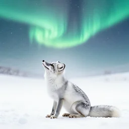 white background, snow blanket, arctic fox sitting down, side view, fully body, fox looking up, fox enjoying the sun, matte painting, aurora borealis, snow storm, snowflakes falling
