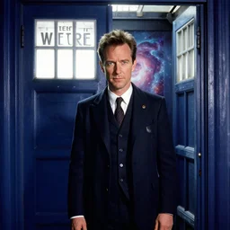 dslr photo portrait still of hugh laurie as doctor who in front of a nebula through the open door of the tardis, 8 k, 8 5 mm f 1. 4
