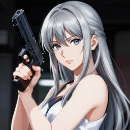 silver hair girl holding a gun, multicam, cinematic portrait, ilustration by Takehiko Inoue
