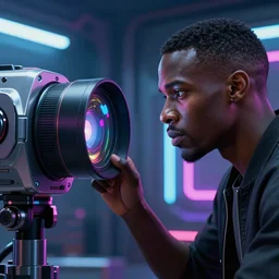 high octane 4K 3D render of a smooth black man with short hair cut, looking into a futuristic sci-fi robot camera lens, recording neon lights, metallic, in the style of Daniel Dociu, dramatic lighting, vibrant colors, Trending on Artstation HQ, 4K, UHD, High quality, Unreal Engine