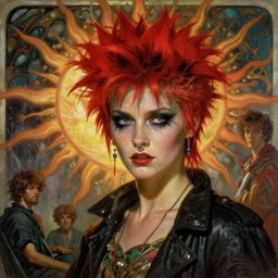 stunning, breathtaking, awe-inspiring award-winning concept art nouveau painting of an attractive 1980s punk with messy eyeliner, a septum piercing, and extremely short spikey hair dyed bright red, as the goddess of the sun, with anxious, piercing eyes, by Alphonse Mucha, Michael Whelan, William Adolphe Bouguereau, John Williams Waterhouse, and Donato Giancola, cyberpunk, extremely moody lighting, glowing light and shadow, atmospheric, cinematic, 8K