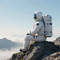 cyberpunk astronaut sat on top of a mountain looking at the horizon of a unknown planet, close shot, sunset, cinematic, epic, dark scenario, 8k, award winning,