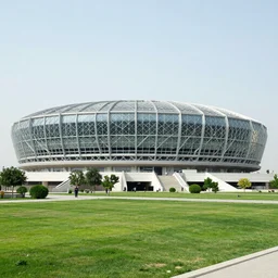 Baghdad national stadium, iron and glass detailed, by zaha Hadid, inside green park,
