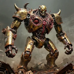 movie still of flayed god machine battle chaos, intricately macerated by age, sentient, dethroned goliath machine, blood turbines, hydrocracking battles, rusted, macerated, eviscerated by fimbria wires, bicornate fungal pit, brass sheen rotting, by alberto bontempi, alex ross, shigeru komatsuzaki, wayne