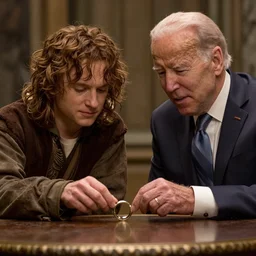 joe biden and frodo taking the ring, movie still, from the movie lord of the ring, 8 k, hd