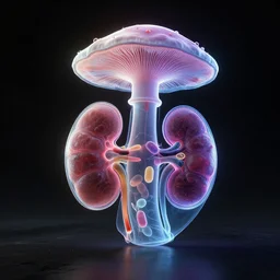 Simple chromatic xray, bionic exploded drawing, crossection fungus sculpture, jellybeans, organs, kidney, by david lachapelle, by angus mckie, by rhads, in a dark empty black studio hollow, c4d, at night, rimlight, c4d, by jonathan ivy, by alex grey, Haeckel