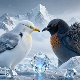 idyllic masterpiece of diamond feelings in Antarctica, quarrel of mountain Monarch gods, cinematic, establishing shot, extremely high detail, photorealistic, cinematic lighting, intricate line drawings, 8k resolution