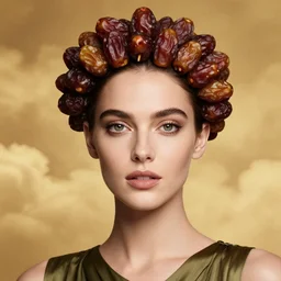 close - up portrait of beautiful female face supermodel portrait wearing olive dress and crown made of deglet noor dates by amy leibowitz, wlop, jeremy lipkin, beeple, intricate, artgerm, ilya kuvshinov, golden clouds background