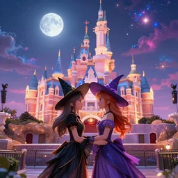 two beautiful witch girls on a first date in the astral disneyland realm, holding each other, in the background is the astral disneyland resort, with a colorful universe behind it, the moon of disney spirits shines overhead, festive atmosphere, epic fantasy, ultra hd render, + 4 k uhd + very crisp and clear image, artstation, immensely detailed, fantasy vibes, octane 3 d render, 8 k abstract, romantic