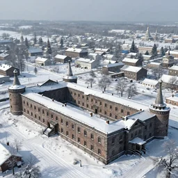 a highly detailed 4 k matte painting of a snowy russion prison. with a town behind it. zdzislaw beksinski, artstation, cgsociety, unreal engine