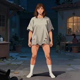 digital illustration of girl, muscular, wearing high socks, with shoulder length brown hair wearing a tattered oversized tshirt, courtyard at night, by ilya kuvshinov, lois van baarle, rossdraws, basquiat