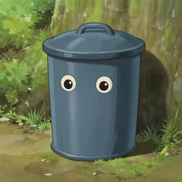 full view, from a distance, of anthropomorphic trashcan by studio ghibli, highly detailed