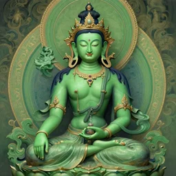 intense portrait of the green tara bodhisattva meditating, intricate, elegant, highly detailed, my rendition, digital painting, artstation, concept art, smooth, sharp focus, green color scheme, illustration, art by artgerm and greg rutkowski and alphonse mucha