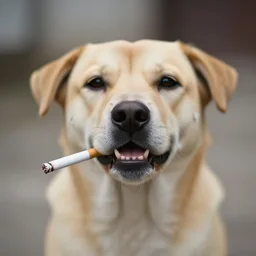 a photograph of a dog with a cigarette in its mouth, low depth of field