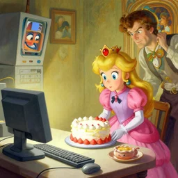 princess peach baking a cake while that one weird computer mainframe watches her, art by artgerm and greg rutkowski and alphonse mucha