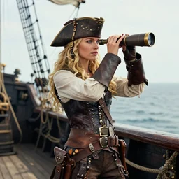 a fierce, beautiful, friendly, calm, blonde, well - dressed, steampunk, covered, armed, pirate woman, standing on the deck of her ship gazing at the horizon through a spyglass ready for battle, realistic, hd, trending on artstation