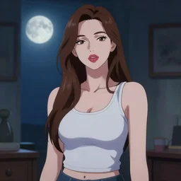 girl standing in a moonlit room wearing tanktop with long brown brown and luscious lips, artstyle : high definition anime and ilya kuvshinov