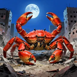 a giant mechanical crab in the middle of a war - torn, crumbling city, blue moon shining in sky, engraving, artstation, concept art, smooth, sharp focus, vivid grunge, manga, illustration, unreal engine 5, 8 k, art by bilibin and kuvshinov and malevich and mucha, traditional japanese colors, superior quality, masterpiece