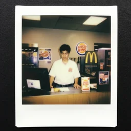 the burger king working the front counter of mcdonald's ready to take your order, eighties polaroid, flash photography, photorealistic, kodachrome