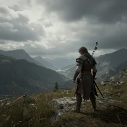 ork warrior struck by an arrow in the shoulder desolated mountains in the distance, cloudy and atmospheric, octane render, unreal engine, vray, style of andrew baker, wide angle