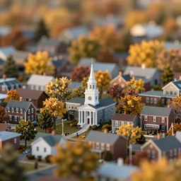 tilt shift photography, extereme dof, miniature new england town, autumn, golden hour bokeh, model