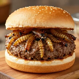 very delicious hamburger made of worm and crickets