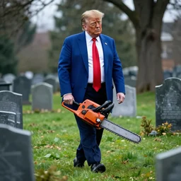 zombie donald trump, walking through a graveyard, with a chainsaw