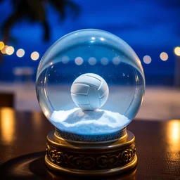 snow globe with beach volleyball inside on a table, depth of field