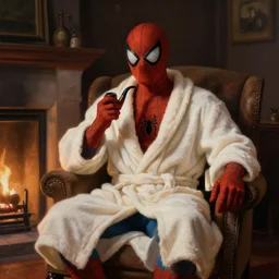 in a cozy dark room, spiderman in a bathrobe and a pipe in his hands sits on an armchair by the fireplace, realistic light, soft light, focus, depth of field, photorealism, 8 k quality, high quality, realistic style, oil painting