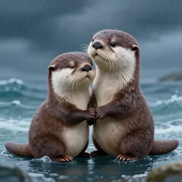 my little everything, happy brave magical cuteness, fantasy otter love, otters holding hands in the stormy sea, he holds her while she sleeps