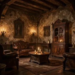 ultra realistic old medivial interior design with candle lights and old wooden furnitures, concept art, octane render, trending on artstation, 4k