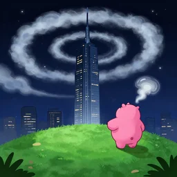 nightscape chubby cartoon concept art, skyscrapper over a grass spiral hill, spiral clouds, sam and max, liquid smoke