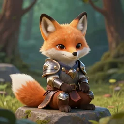 a small animal in armor with a fox face sits on a stone, shady forest, cartoony but elaborate and detailed style, high quality, 3 d render, high wool detail, fantasy costume, focus on the foreground