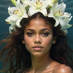 perfectly feminine face!! full body portrait of a zendaya as a black skin mermaid goddess blessed by nature, white lily sunlight crown, underwater, intricate, sensual features, dewy skin, reflective skin, highly detailed, divine holy perfection!! digital painting, artstation, concept art, smooth, sharp focus, warm lighting, illustration, art by artgerm and greg rutkowski and alphonse mucha