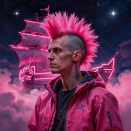 portrait big dark punk, pink, mohawk, arcteryx, space, hyperdetailed illustration, stars, neon, oil painting, rich deep colors masterpiece, ultra detailed, contrast, heaven pink, clouds, volumetric light, atmospheric lighting, pirate neon ship, dramatic, cinematic, moody, octane render 4 k, 8 k